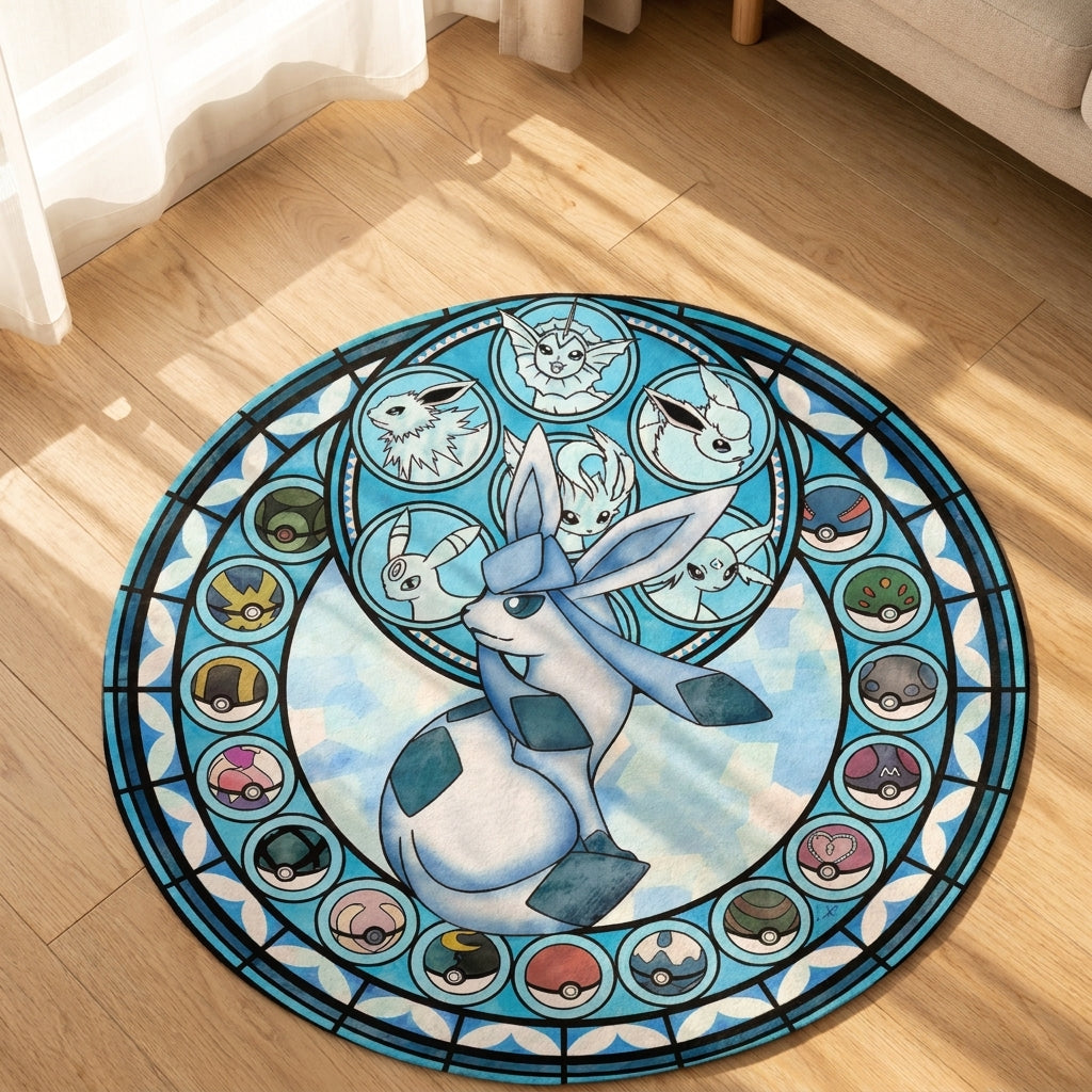 Eeveelution Stained Glass Round Rug — Handcrafted Anime Floor Art