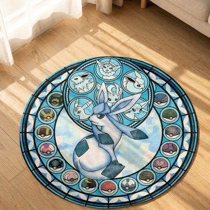 Eeveelution Stained Glass Round Rug — Handcrafted Anime Floor Art