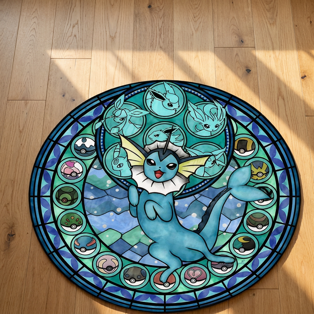 Eeveelution Stained Glass Round Rug — Handcrafted Anime Floor Art