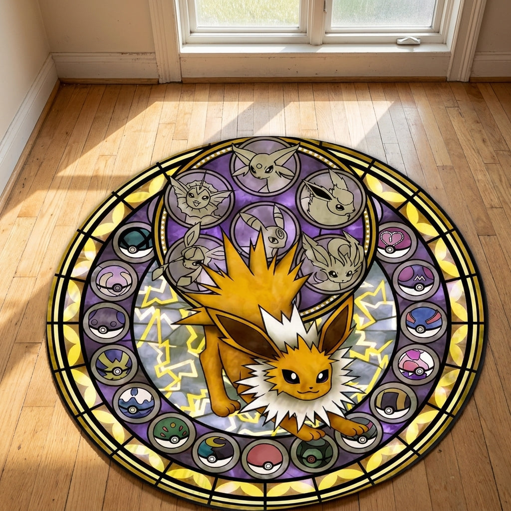 Eeveelution Stained Glass Round Rug — Handcrafted Anime Floor Art