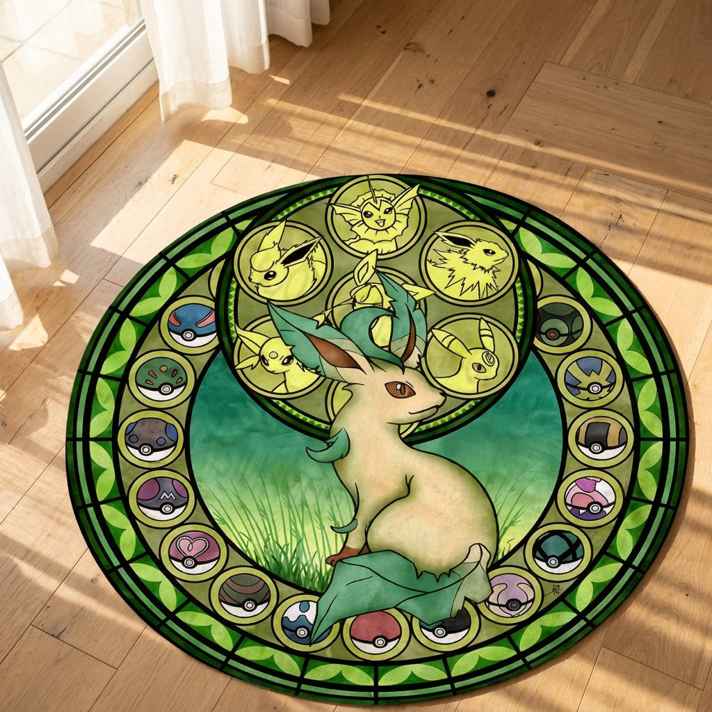 Eeveelution Stained Glass Round Rug — Handcrafted Anime Floor Art