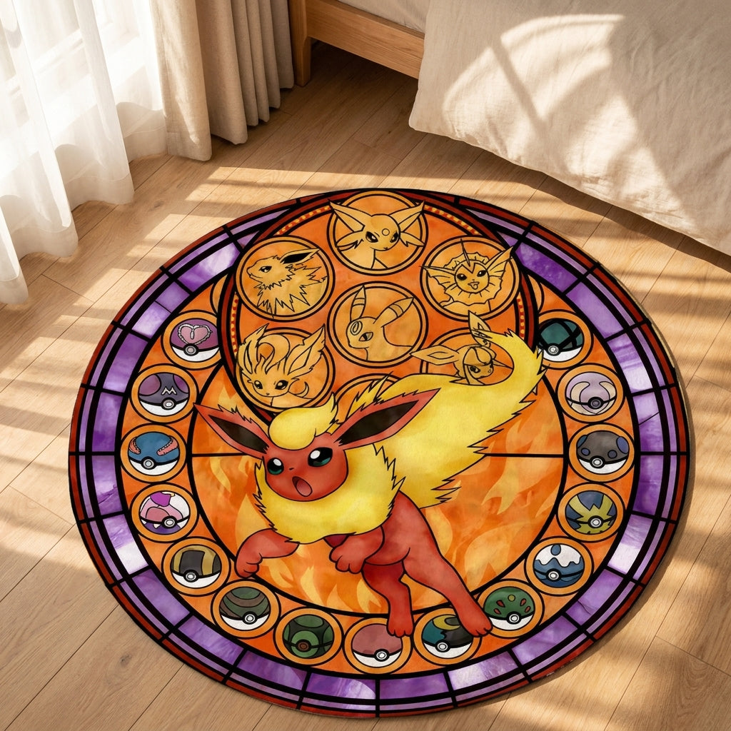 Eeveelution Stained Glass Round Rug — Handcrafted Anime Floor Art
