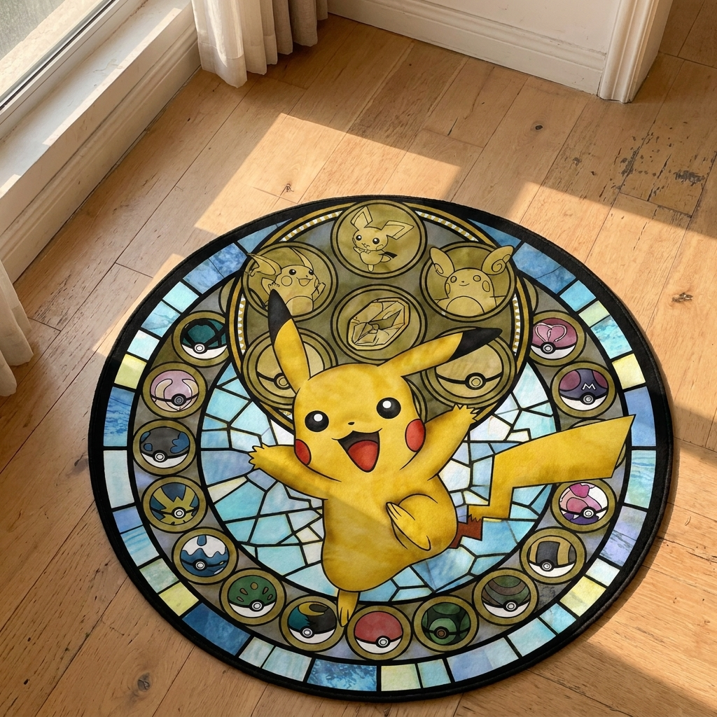 Eeveelution Stained Glass Round Rug — Handcrafted Anime Floor Art