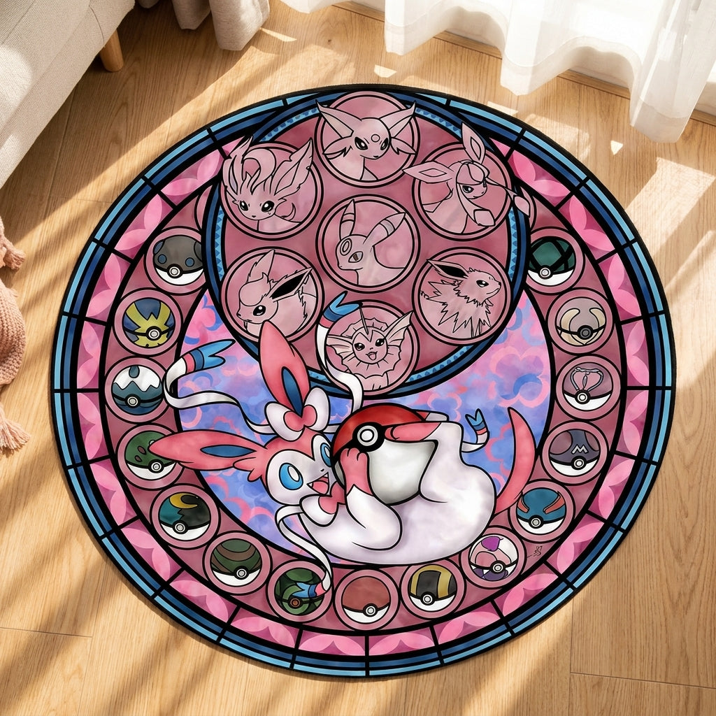 Eeveelution Stained Glass Round Rug — Handcrafted Anime Floor Art