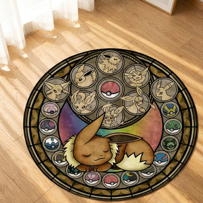 Eeveelution Stained Glass Round Rug — Handcrafted Anime Floor Art